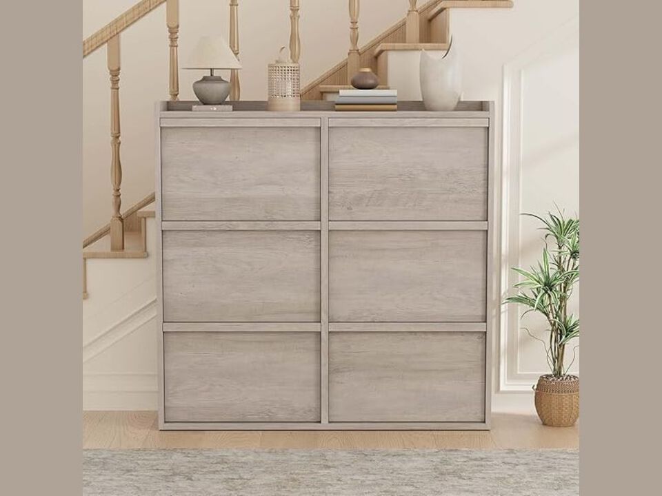 Slim Entryway Wood Shoe Storage Cabinet Flip Drawer Adjustable Shelves Gray
