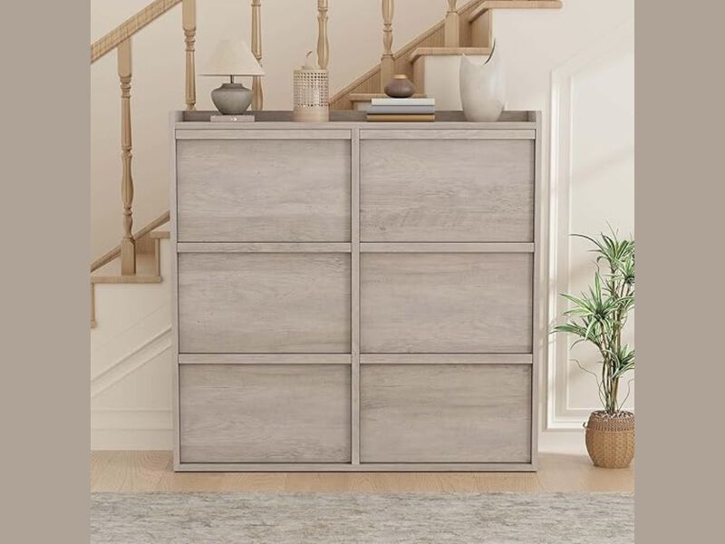 Slim Entryway Wood Shoe Storage Cabinet Flip Drawer Adjustable Shelves Gray image number 1
