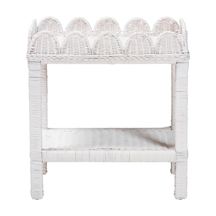bali & pari Sumana Natural Rattan Side Table - Handwoven Wicker 2-Tier Accent End Table with Scalloped Tray Top for Living Room, White