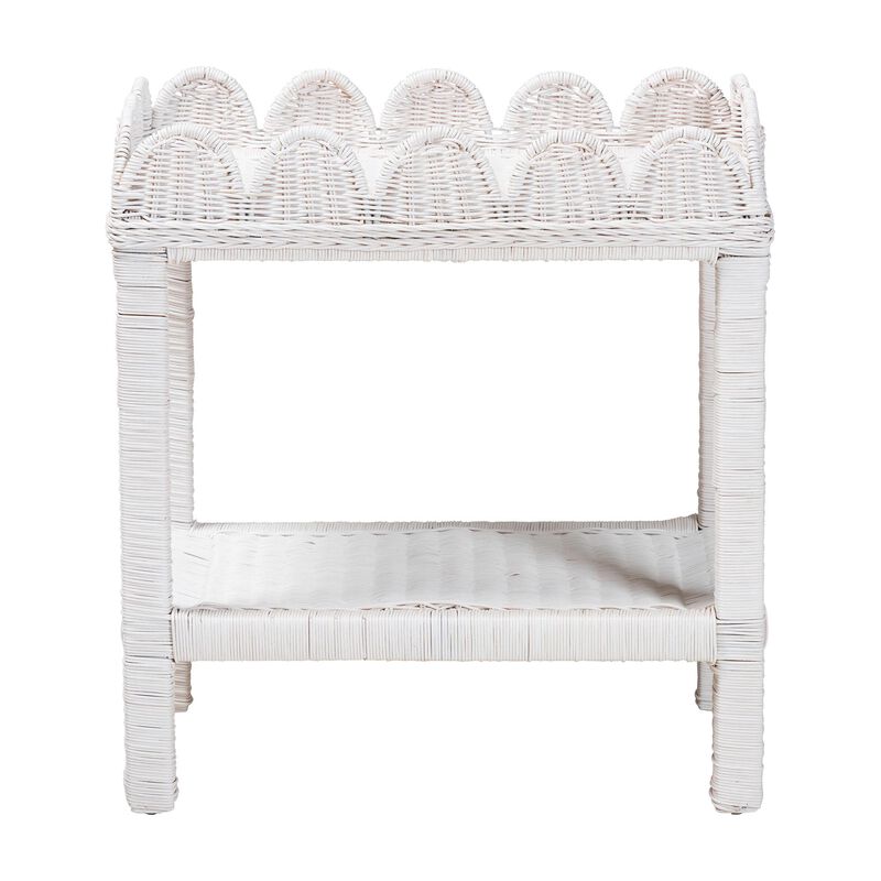 bali & pari Sumana Natural Rattan Side Table - Handwoven Wicker 2-Tier Accent End Table with Scalloped Tray Top for Living Room, White image number 1