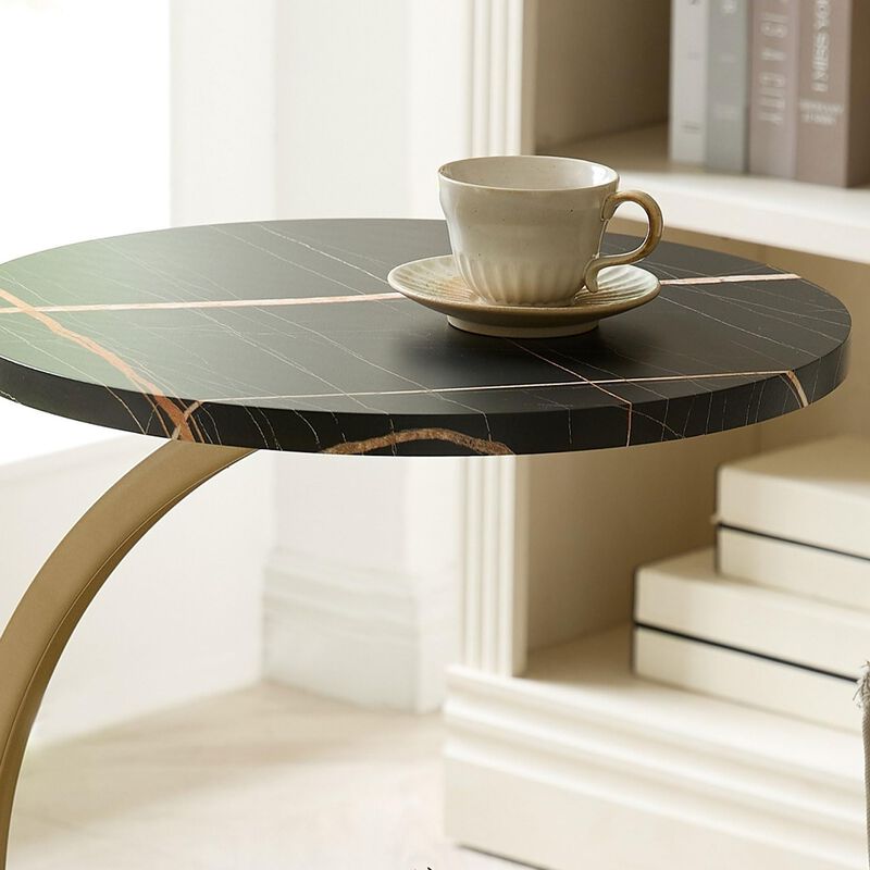 Kings Brand Furniture Rouge C-Shaped Side Table &ndash; Faux Marble Top & Gold Metal Frame Modern Accent Table, Sofa Table image number 5