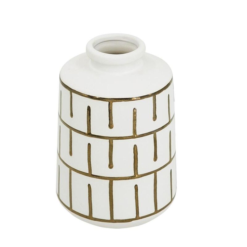 HomeRoots 9" Ivory And Gold Geometric Round Ceramic Table Vase image number 0
