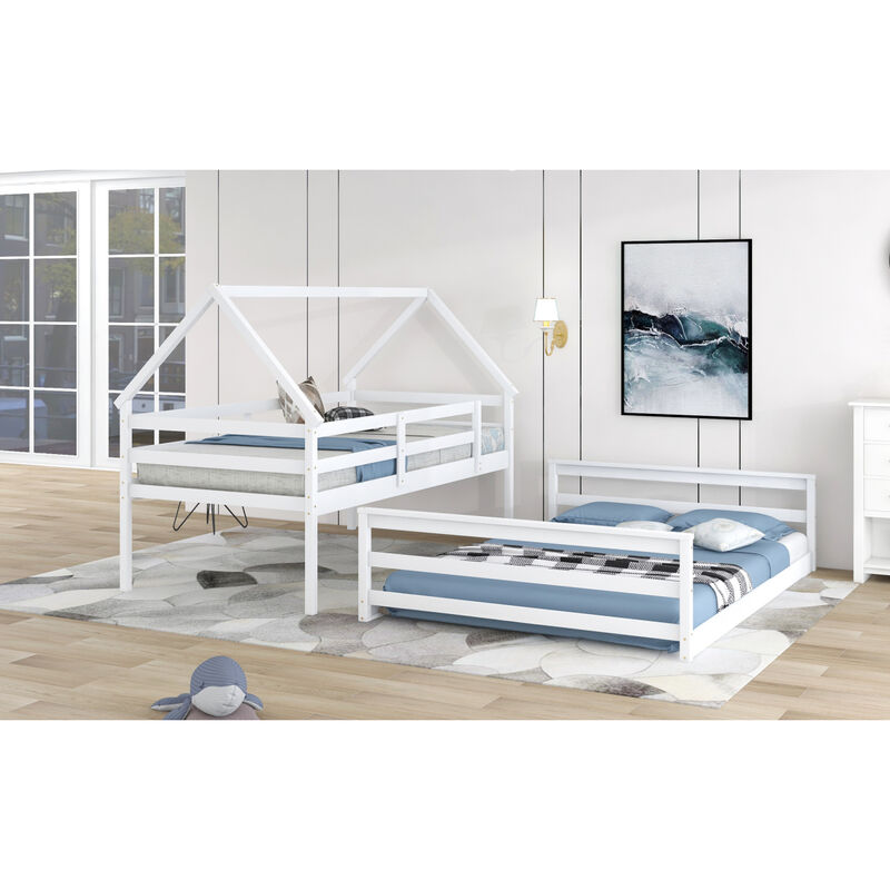 Twin Over Full House Bunk Bed with Built-in Ladder