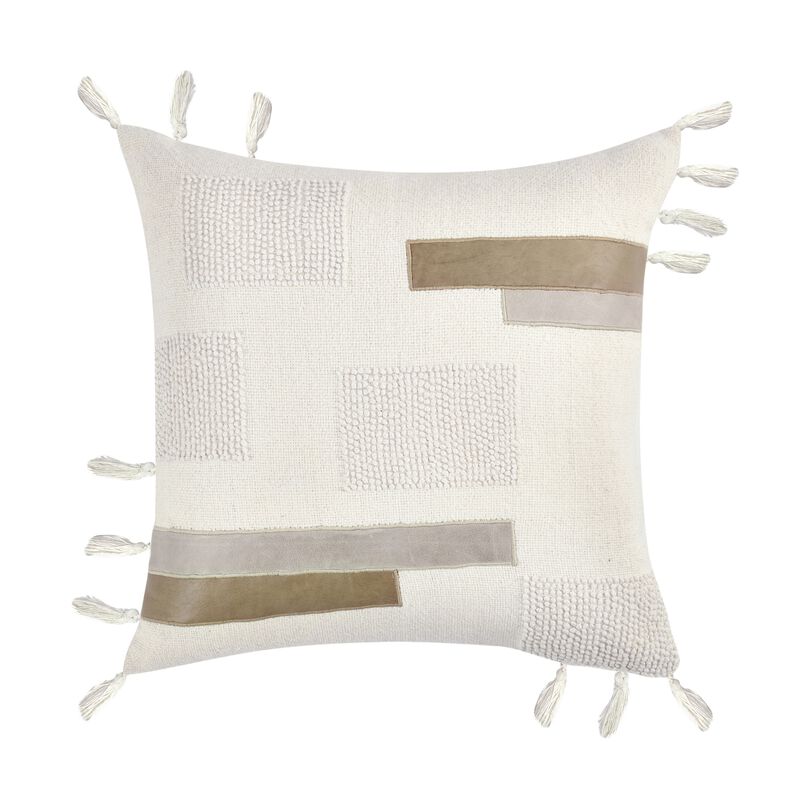 Throw Pillow, Tasseled Edges with Embroidery, 22 Inch Ivory Fabric - Benzara