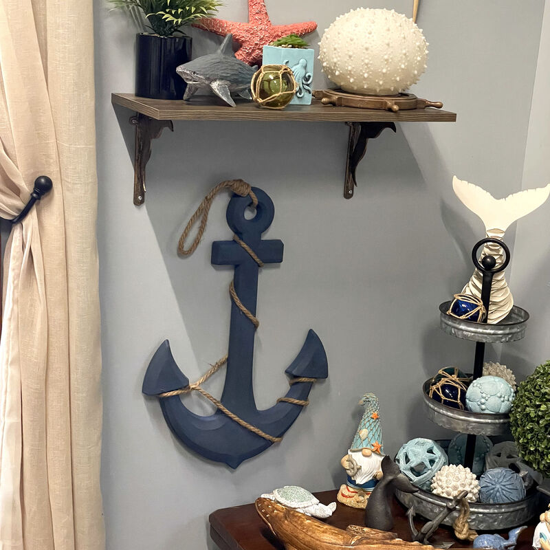 Large 24"x16" Ship Anchor & Rope Wall Hanging - Hand-Painted Blue Finis image number 9
