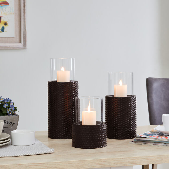 Danya B. Contemporary Candle Holder Set (3) With Clear Glass Hurricanes And Textured Metal Base