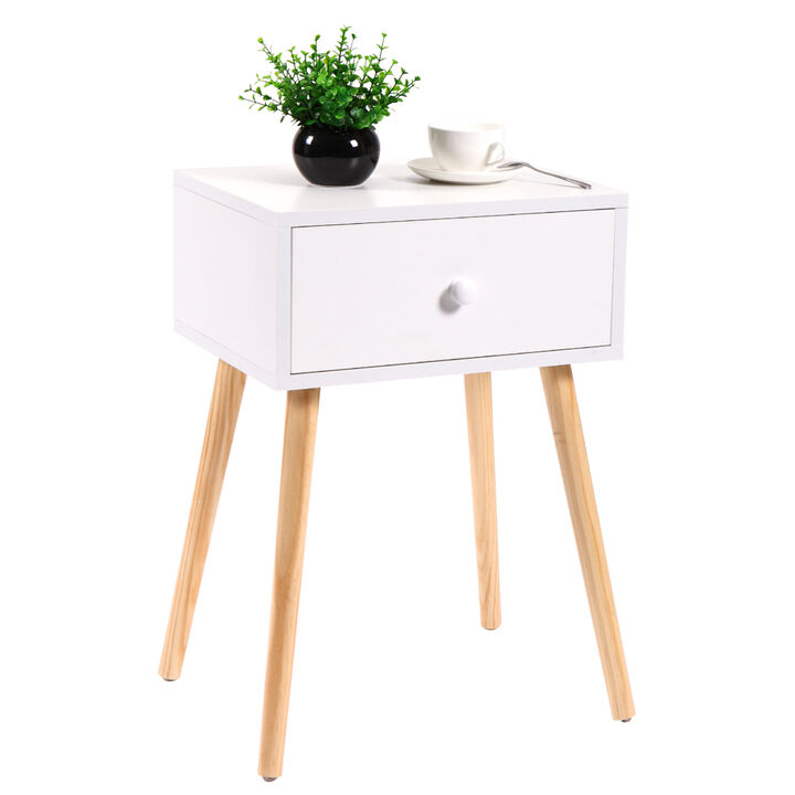 Set of 2 Wood Nightstand with Storage Drawer and Solid Wood Leg, Modern End Table for Living Room Bedroom Home Furniture, White + Brown