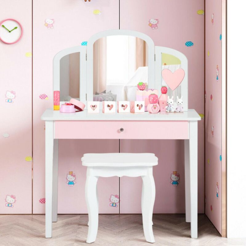 Hivvago Kids Princess Make-Up Dressing Table with Tri-folding Mirror and Chair