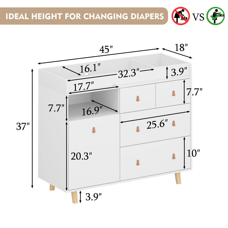 FUFU&GAGA White 4-Drawer Kids Dresser with Changing Table ,Nursery Storage Solution（45" W x 18" D x 37" H ), White