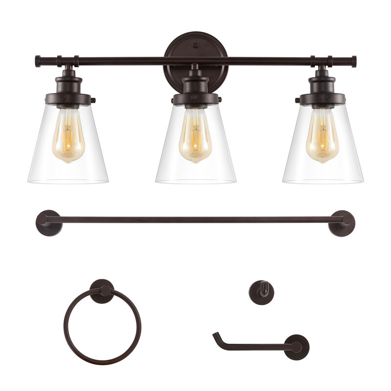 Hollis 23.75" 3-Light Traditional Farmhouse Vanity Light with Bathroom Hardware Accessory 5-Piece Set