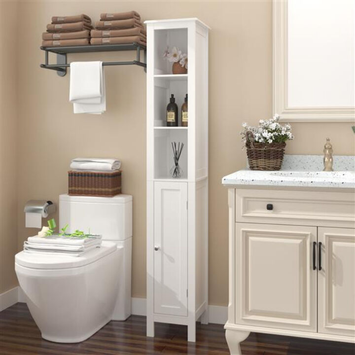 Freestanding Tall Bathroom Cabinet with Adjustable Shelves, 1 Door, and Open Compartments for Small Space Organization