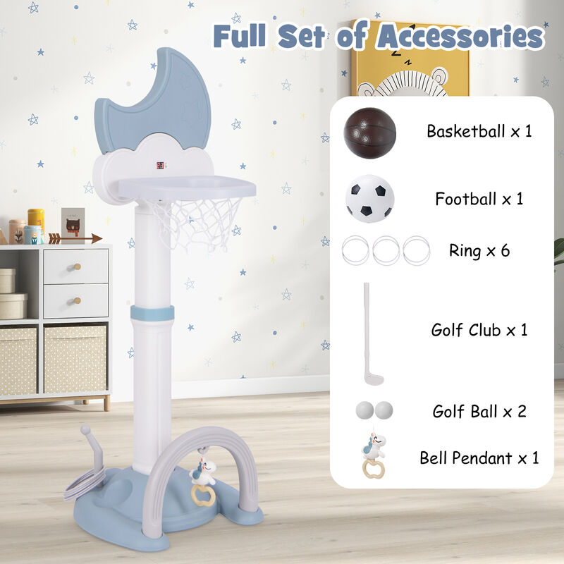 Kids 4 In 1 Basketball Hoop Play Set with Moon Shaped Electronic Scoreboard-Blue image number 7