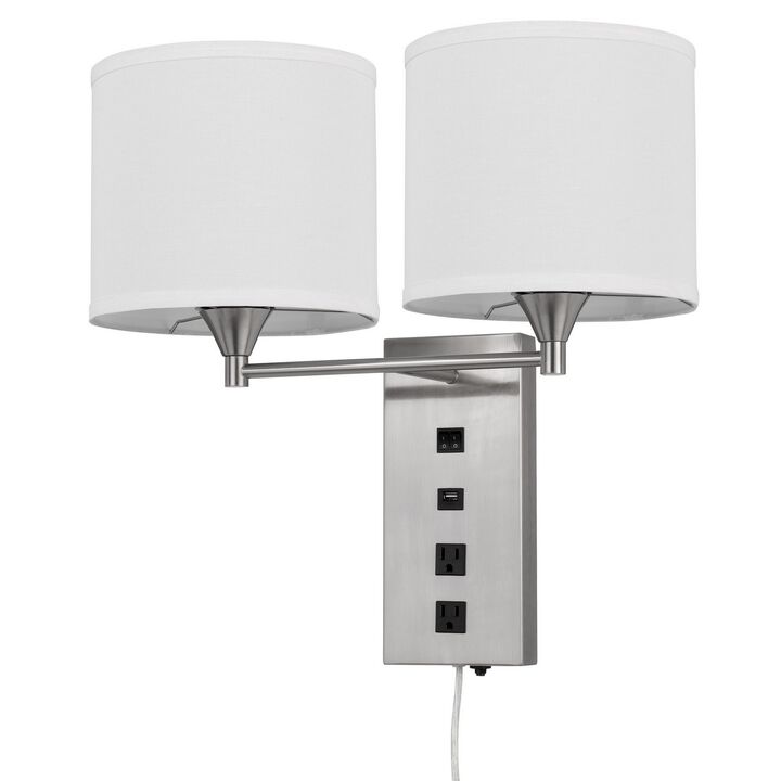 Rexi Modern Metal Wall Lamp, 2 Shades, USB, 2 Power Outlets, White, Silver-Benzara
