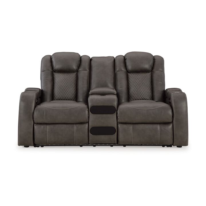 Fynne LED Power Reclining Loveseat, USB, Gray Faux Leather 74 Inch - Benzara