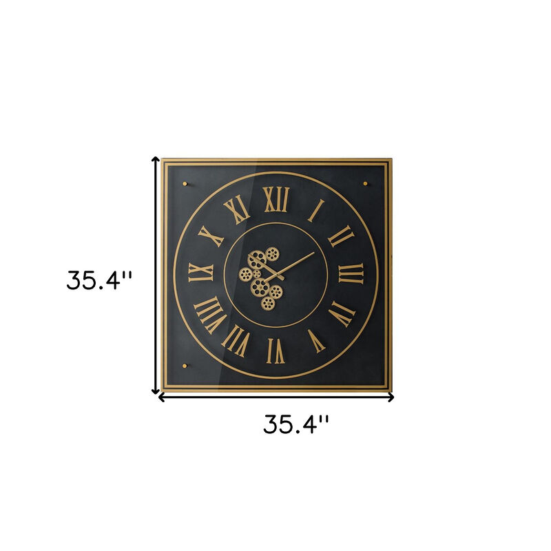 HomeRoots 35" Black And Gold Glass And Metal Exposed Gear Square Wall Clock image number 3