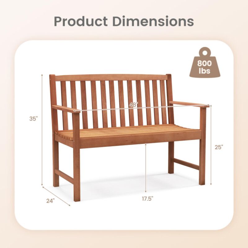 Hivvago 2-Seat Patio Wood Bench with Cozy Armrests and Backrest