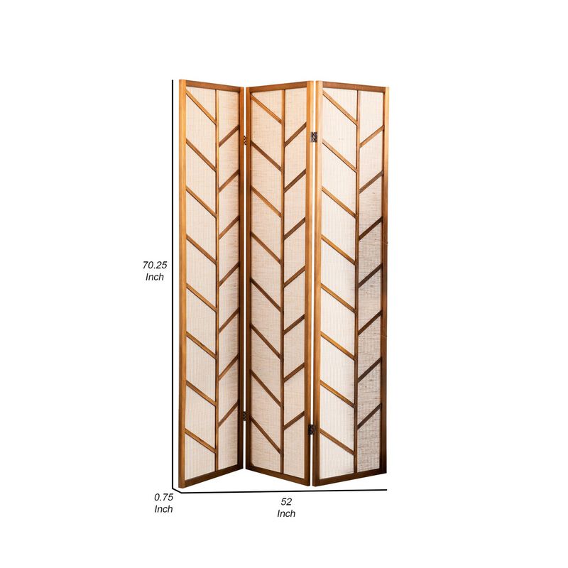 3 Panel Screen with Jute Linen Fabric and Wooden Frame, Brown and Beige - Benzara