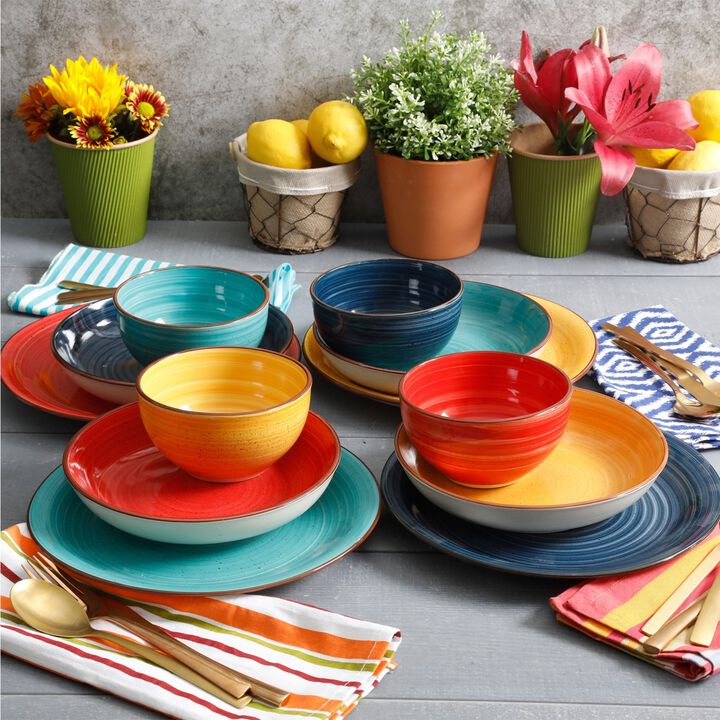 Gibson Color Speckle 12 Piece Mix and Match Double Bowl Dinnerware Set in 4 Assorted Colors