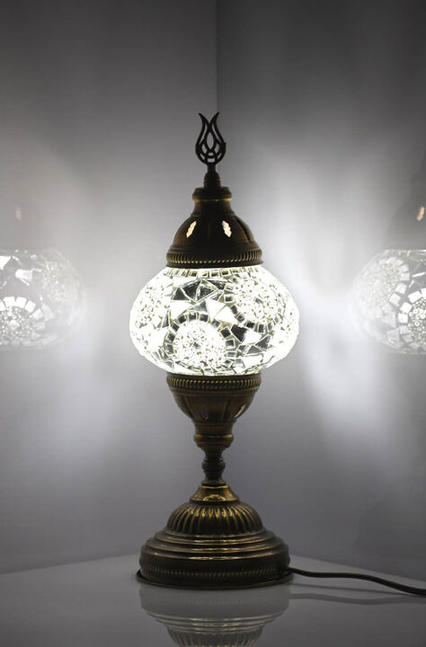 14.5 in. Handmade White Separated Circles Mosaic Glass Table Lamp with Brass Color Metal Base