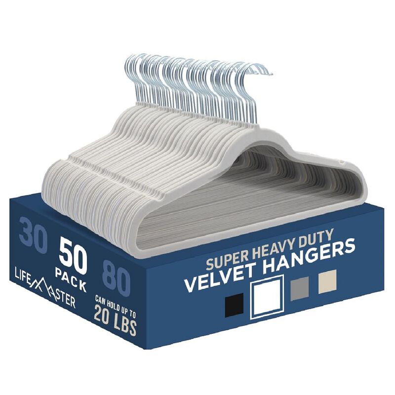Velvet Clothes Hanger &ndash; with 360 Degree Swivel Hook and Non-Slip Shoulder Notch, Holds Up to 10 lbs, Heavy Duty Hanger Set, for Organizing Suit, Dress, Coat, and Clothes, Pack of 50, White