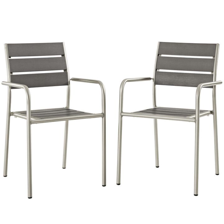 Modway EEI-3203-SLV-GRY-SET Shore Outdoor Patio Aluminum Chair, Two Dining Armchairs, Silver Gray