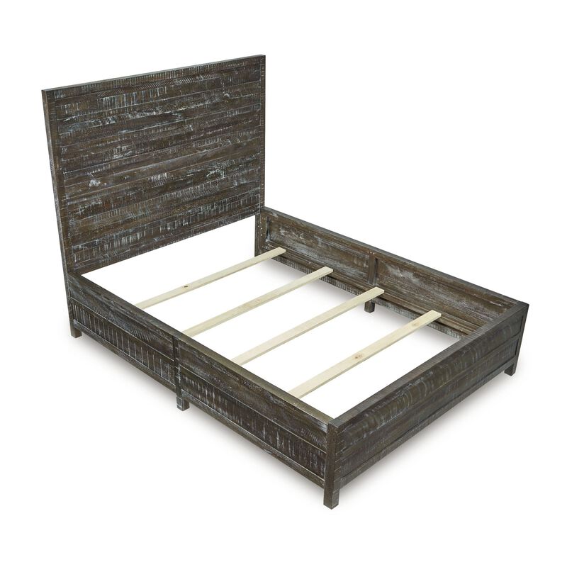 Cas California King Bed, Rustic Rough Hewn Solid Wood Planks, Dark Gray - Benzara