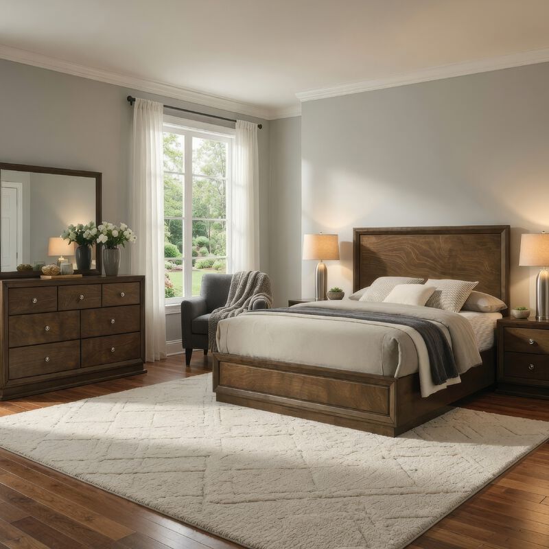 Rouk 5pc Queen Bedroom Set, Walnut Brown Wood, Bronze, 2 Nightstands image number 6