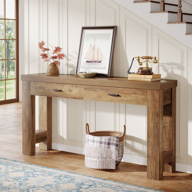 Tribesigns Country Rustic Wood Console Table with Drawers image number 7