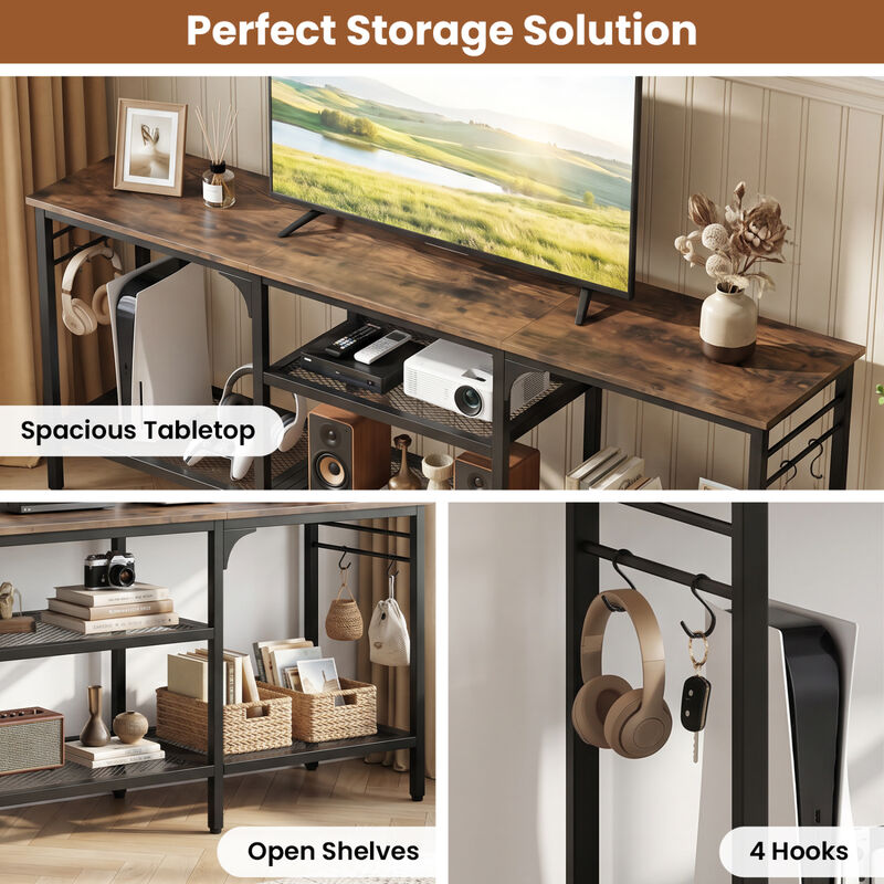 Modern TV Stand with Open Shelves and 4 Hooks Organizer image number 5