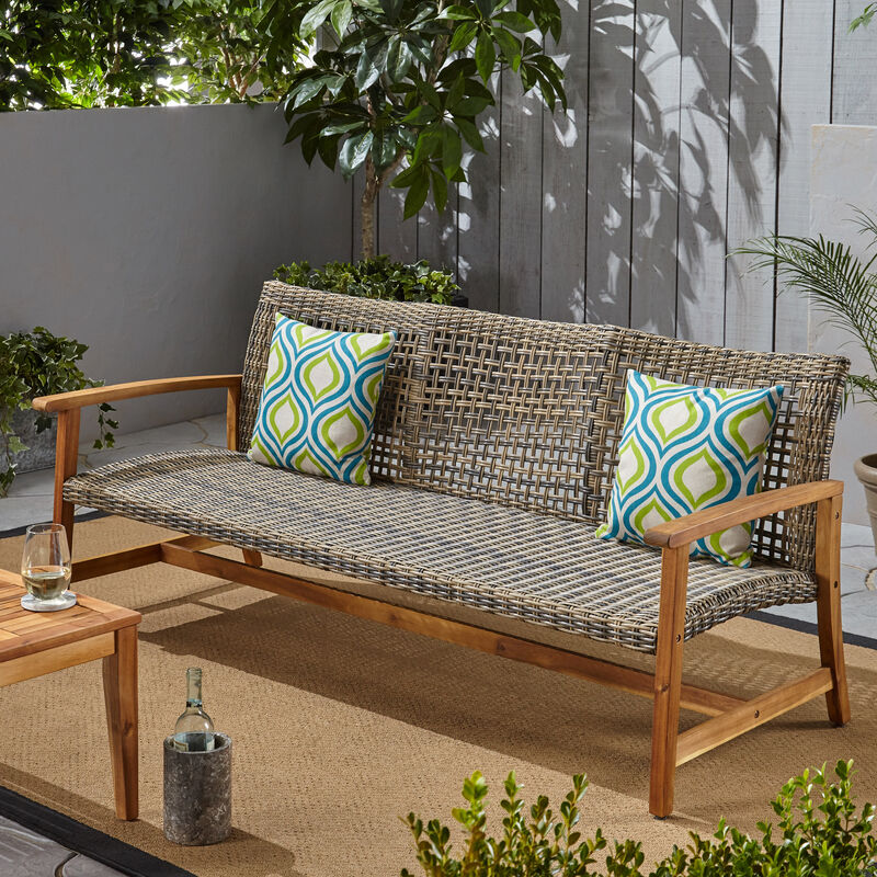 Merax Outdoor Acacia Wood Wicker 3 Seater Sofa, Patio Furniture Conversation Set for Backyard
