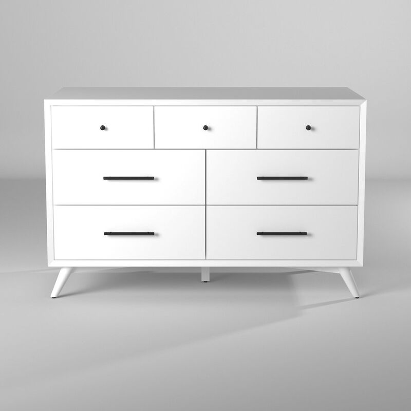 Alpine Furniture Flynn Mid Century Modern 7 Drawer Dresser, White