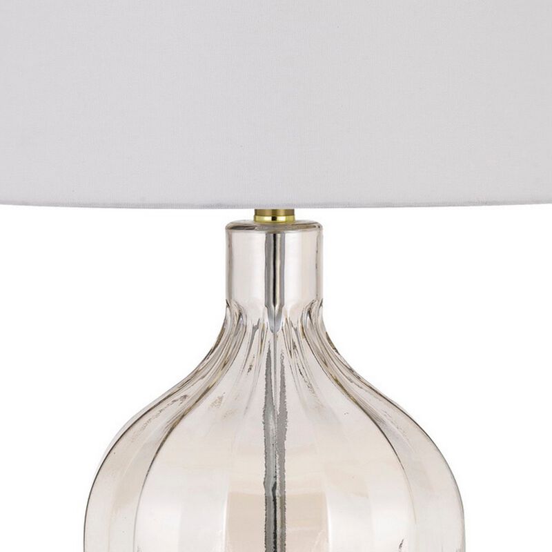 29 Inch Glass Table Lamp with Dimmer, Round, Clear and Brass-Benzara