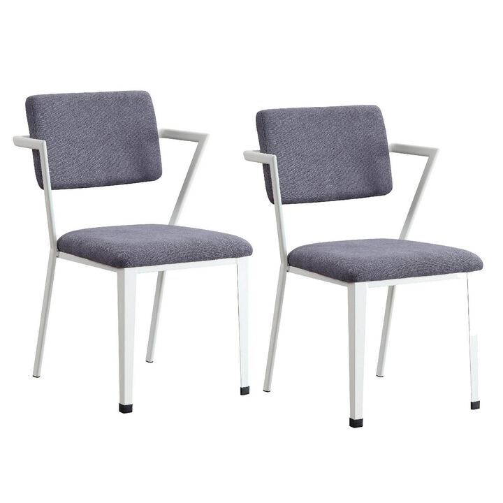 Fabric Upholstered Metal Dining Chair, Set of 2, White and Gray-Benzara