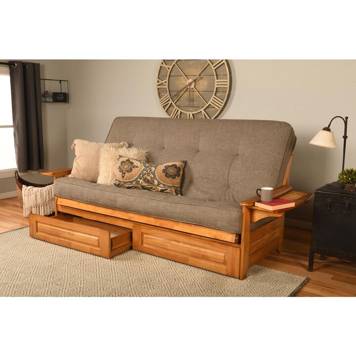 Phoenix Frame Queen-Butternut Finish-Linen Stone Mattress-Storage Drawers