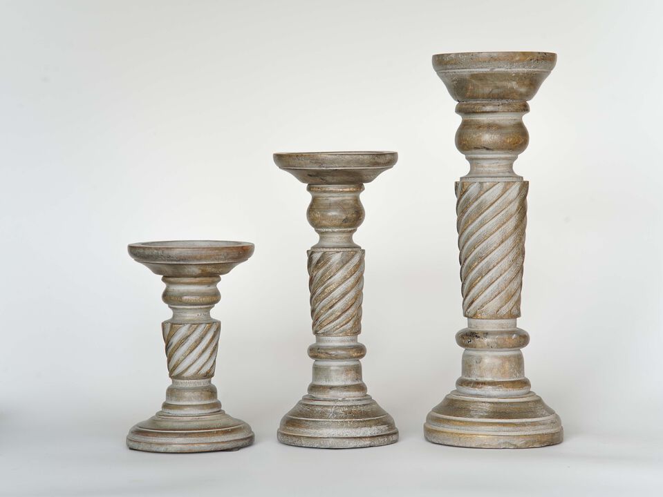 BBH Homes Traditional Gray Wash Eco-friendly Handmade Mango Wood Set Of Three 6",9" & 12" Pillar Candle Holder