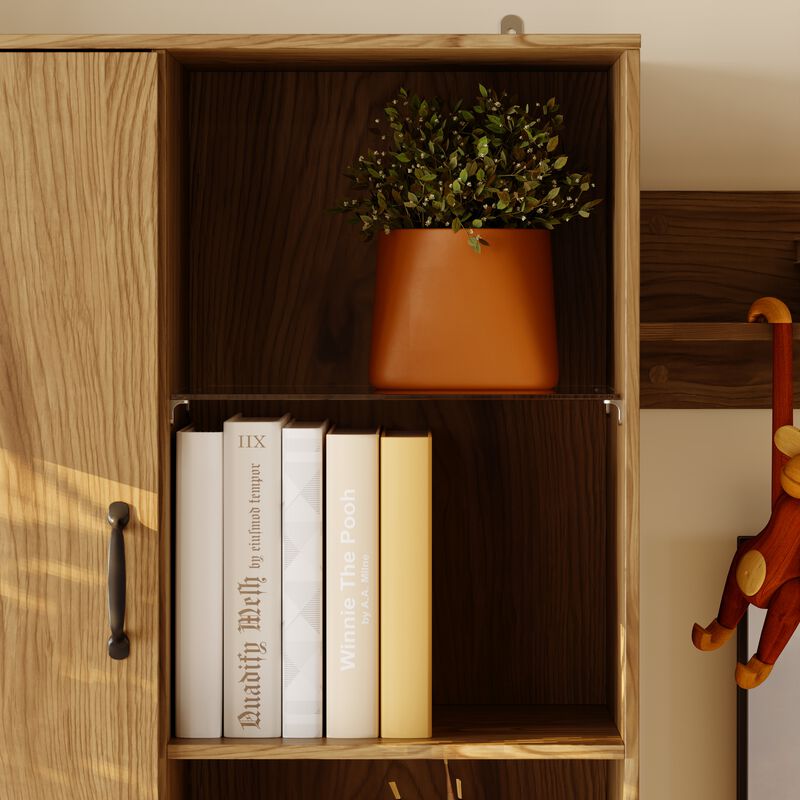 FUFU&GAGA Entertainment Wall Unit with TV Console, Floating Shelf, Glass Doors, Natural Wood Finish (126"W x 70.9"H x 15.7"D),Brown