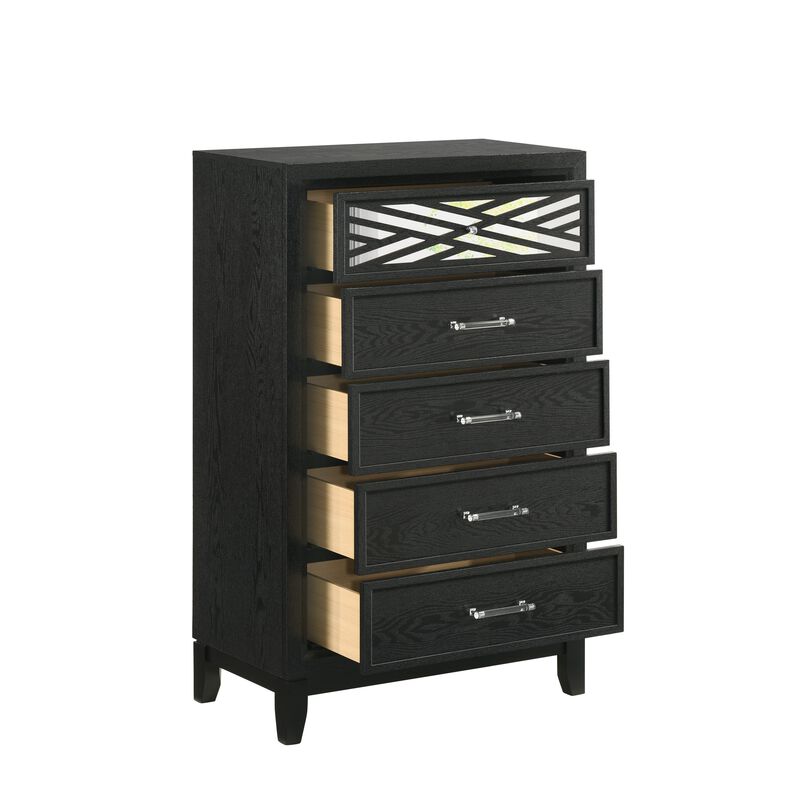 Kira 50 Inch Tall Dresser Chest, 5 Dovetail Drawers, Black Rubberwood - Benzara