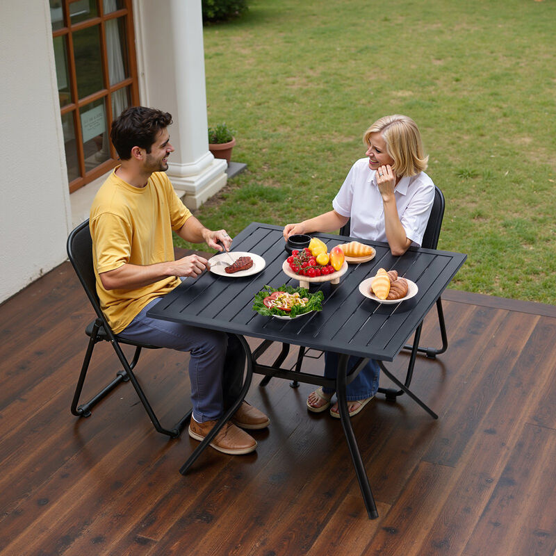 Outdoor Square Dining Table, Steel Slat Patio Table with Umbrella Hole - Black image number 1
