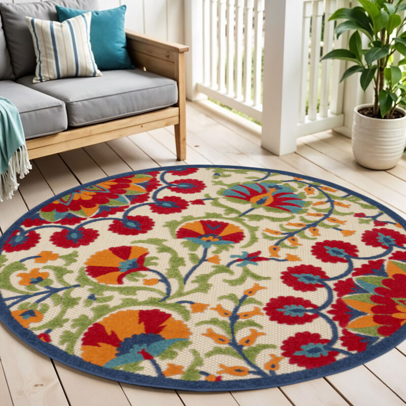 HomeRoots 4' Navy Blue Beige Green Blue And Red Round Floral Indoor Outdoor Area Rug image number 1
