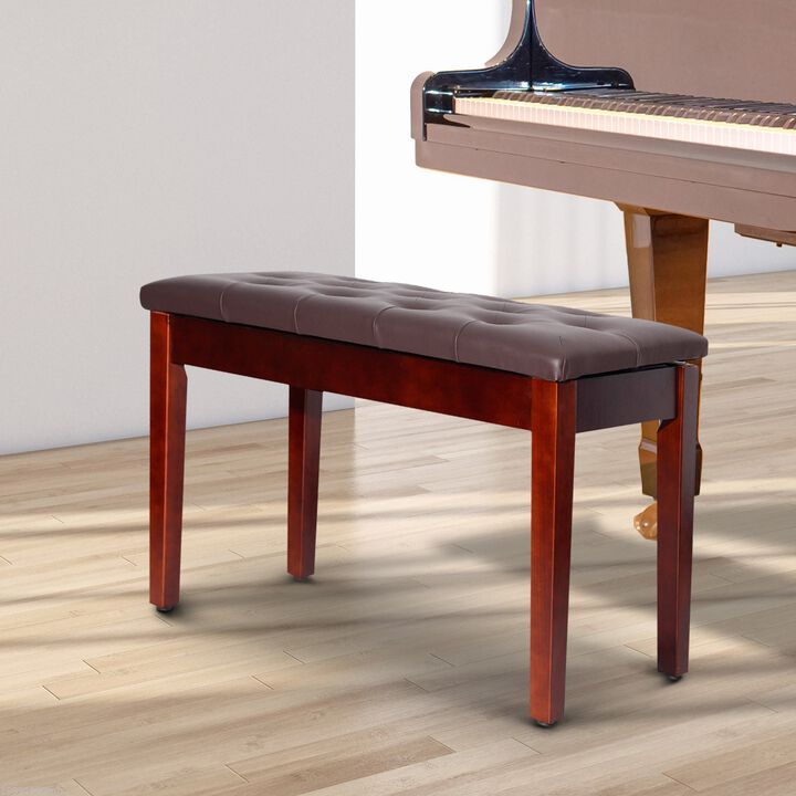Elegant Duet Perch: Brown Birchwood Piano Bench with Faux Leather for Two