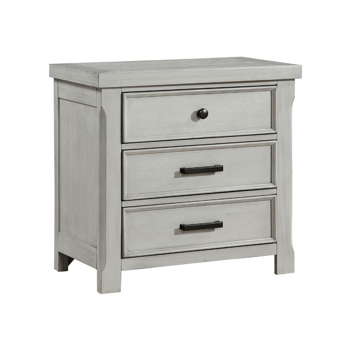Brok Nightstand, 3 Drawers, Light Gray Acacia Wood, Black Bar Handles - Benzara