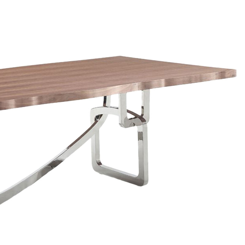 Ady Dining Table, 43x95 Walnut Top, Modern Chrome Steel Abstract Base - Benzara