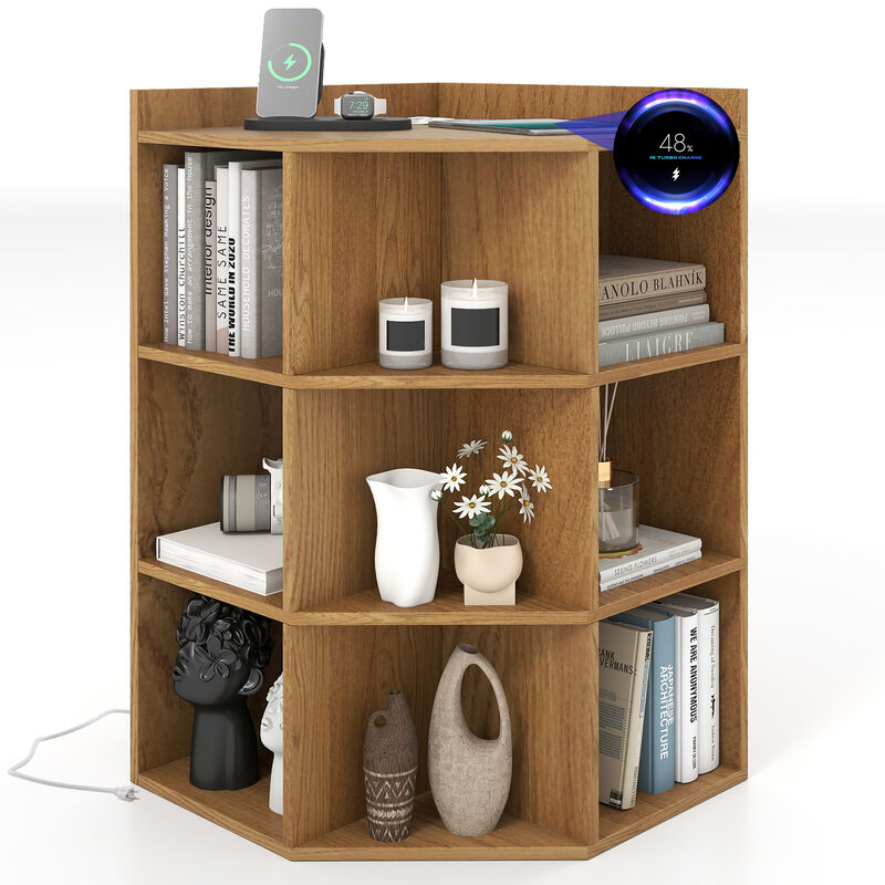 Space Saving Corner Cabinet with Charging Station and 3 Tier Storage for Bedroom-Natural image number 4