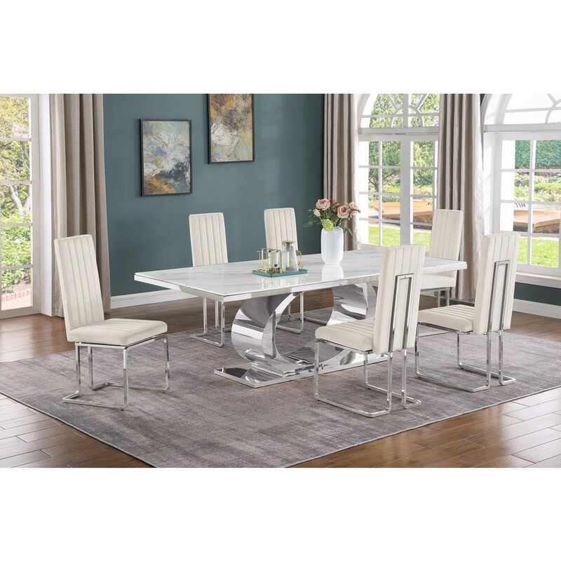 Best Quality Furniture 7pc Large(87) marble top dining set with silver base and 6 Cream side chairs image number 2