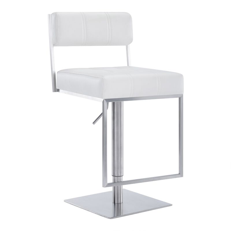 35 Inch Metal and Leatherette Barstool, Silver and White-Benzara image number 1
