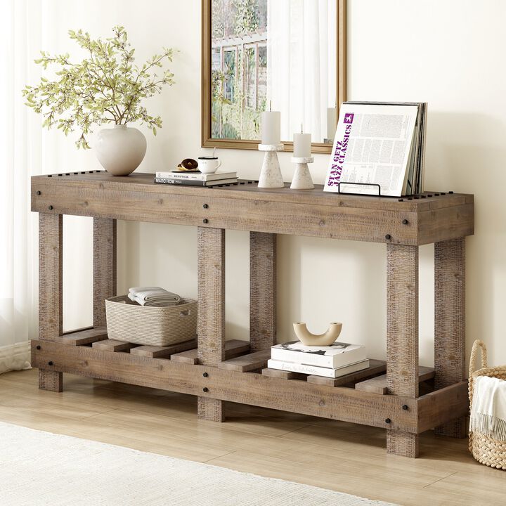 62.9" Vintage Entryway Table - Fir Solid Wood with Natural Grain, 6 Reinforced Legs & 4.5" Thick Desktop