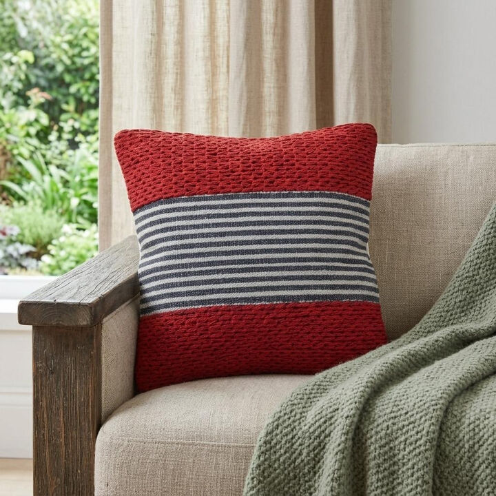 HomeRoots 20" Red And Blue Striped Cotton Blend Throw Pillow Cover