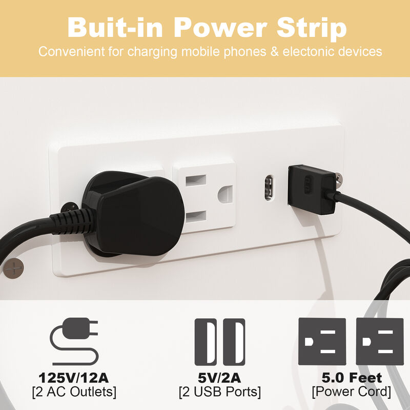 White Wood Frame Full Size Bed Murphy Bed Chest Cabinet With 2-Large Drawers, USB Charging Station and Wheels