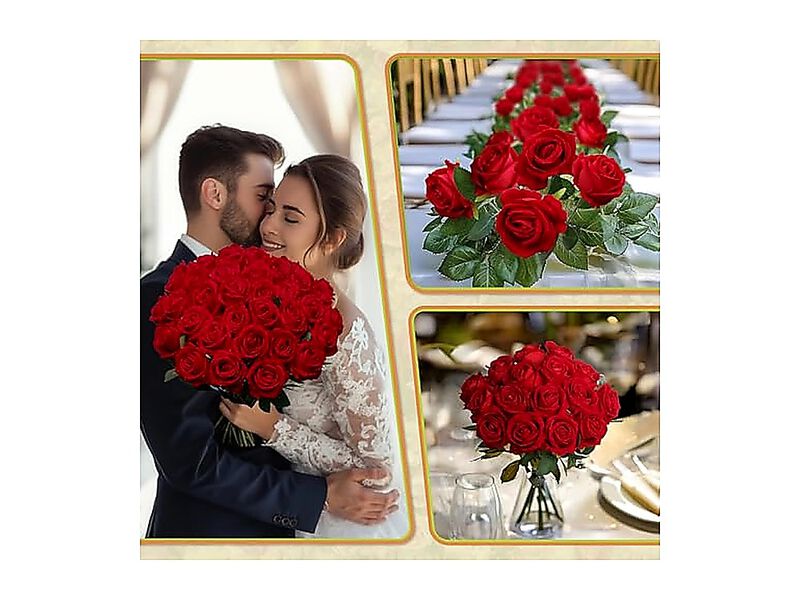 50 Pack Fake Red Roses Artificial Flowers Bulk Realistic Silk Faux Rose Stems image number 2