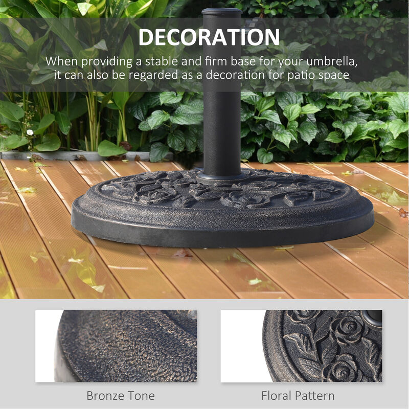 Outsunny 18" 20 lbs Round Resin Umbrella Base Stand Market Parasol Holder with Decorative Rose Floral Pattern & Easy Setup, for Φ1.5", Φ1.89" Pole, for Lawn, Deck, Backyard, Garden, Bronze